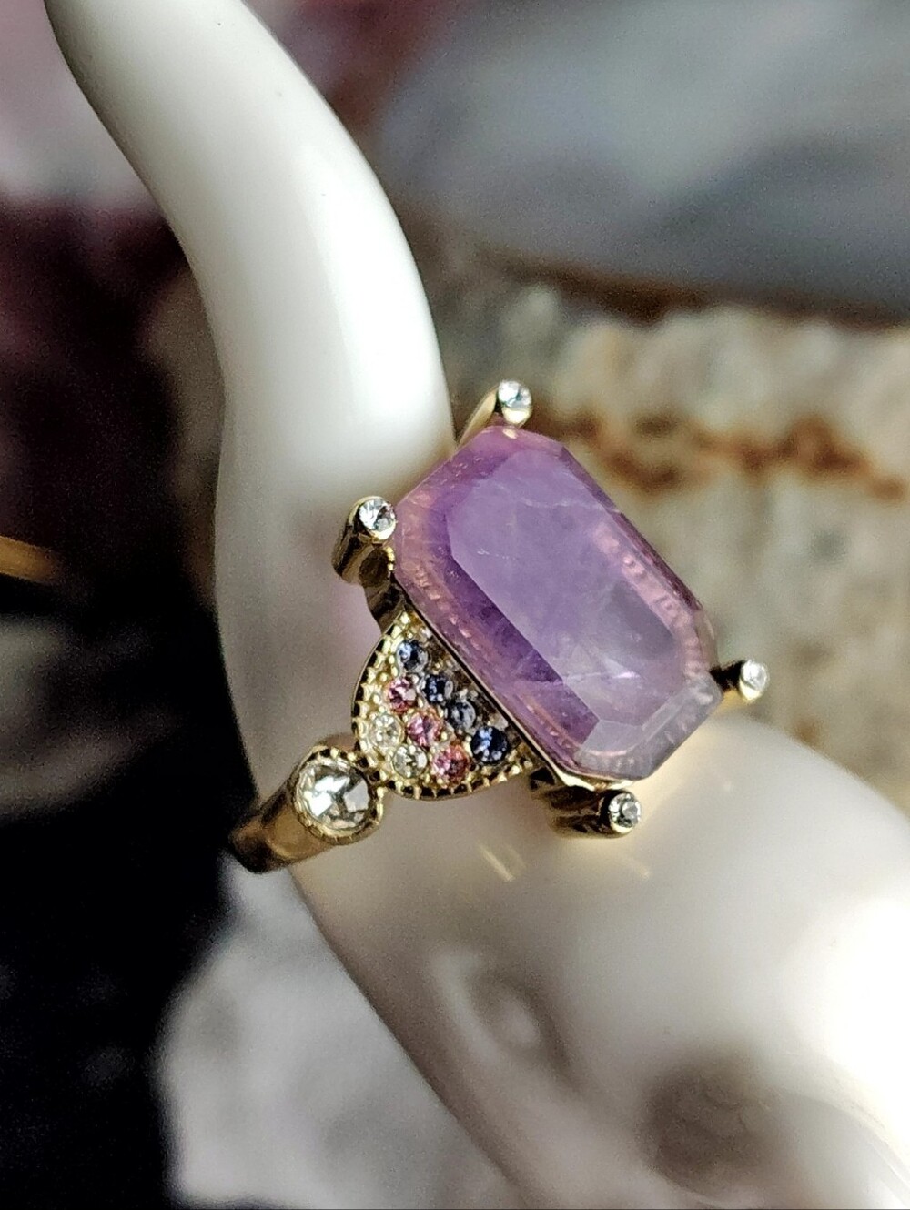 Amethyst Cocktail Ring Stainless Steel Women's Gemstone Crystal Ring Size 7
